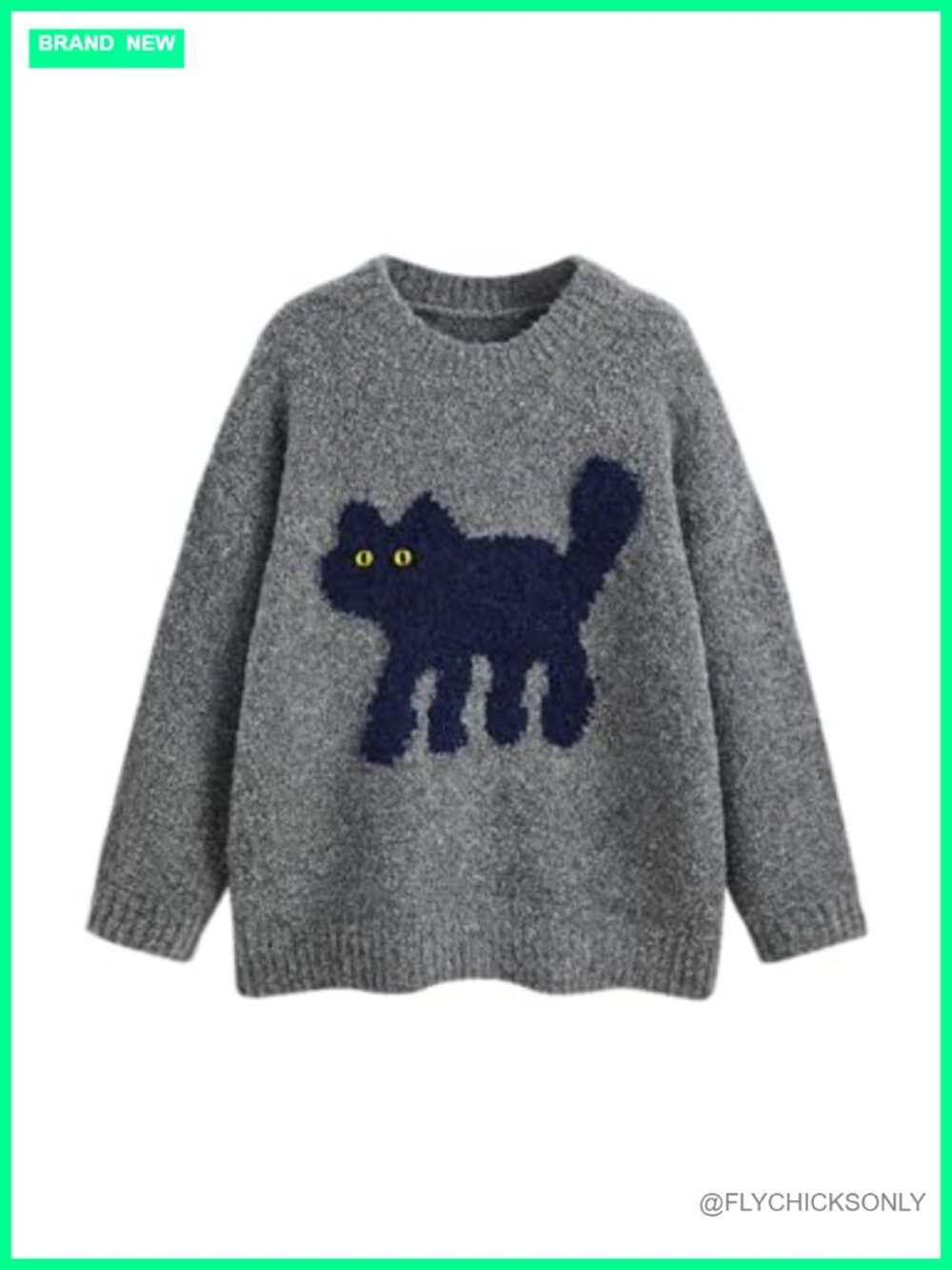 Womens Cat Graphic Chunky Knit Pullover Sweater Oversized
